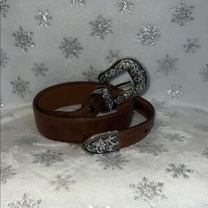Brown Leather Belt with Rhinestone Buckle
